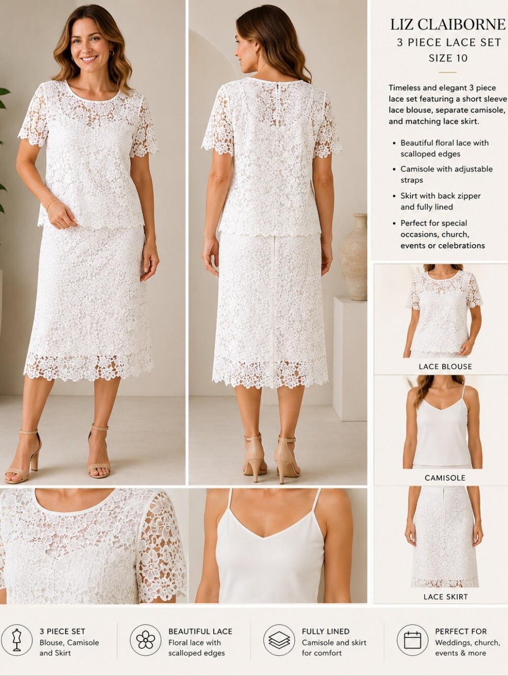 Liz Claiborne White Lace 3 Piece Set Size 10,  EUC